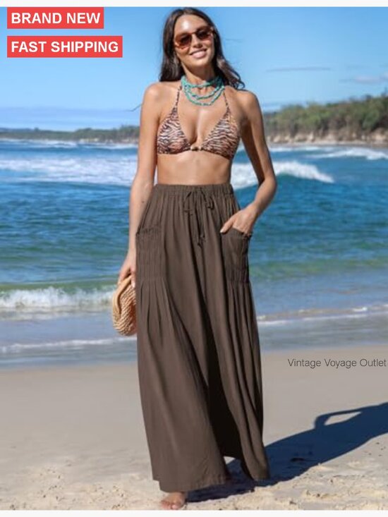 Linen Palazzo Pants Wide Leg Drawstring Casual Lounge Boho Beach - Picture 3 of 4